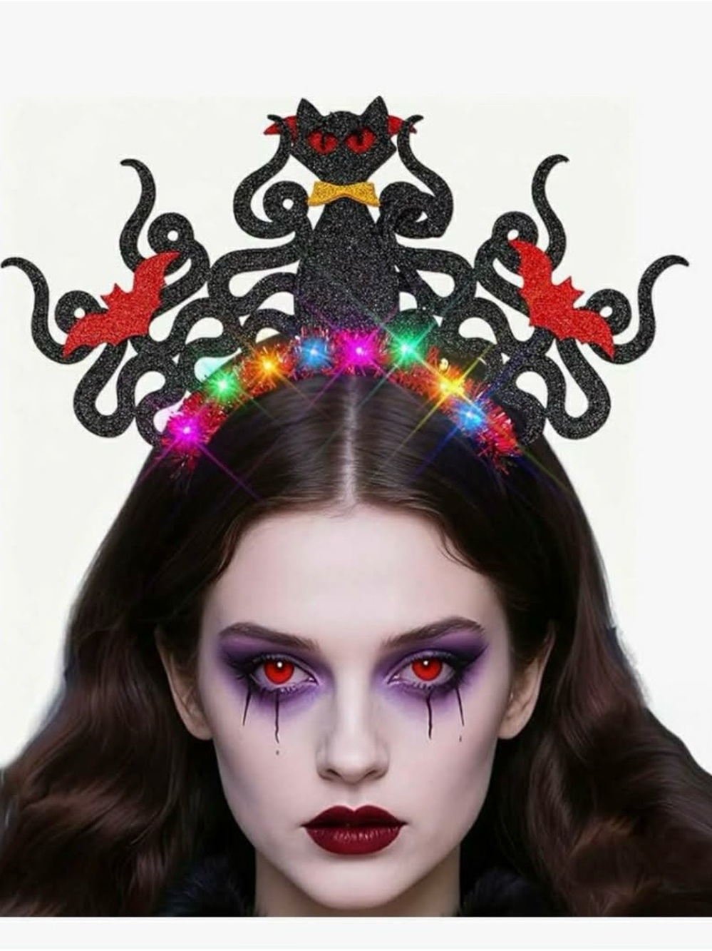 Black Glitter Cat & Snake Halloween Headband with Multicolor Lights - Picture 3 of 6